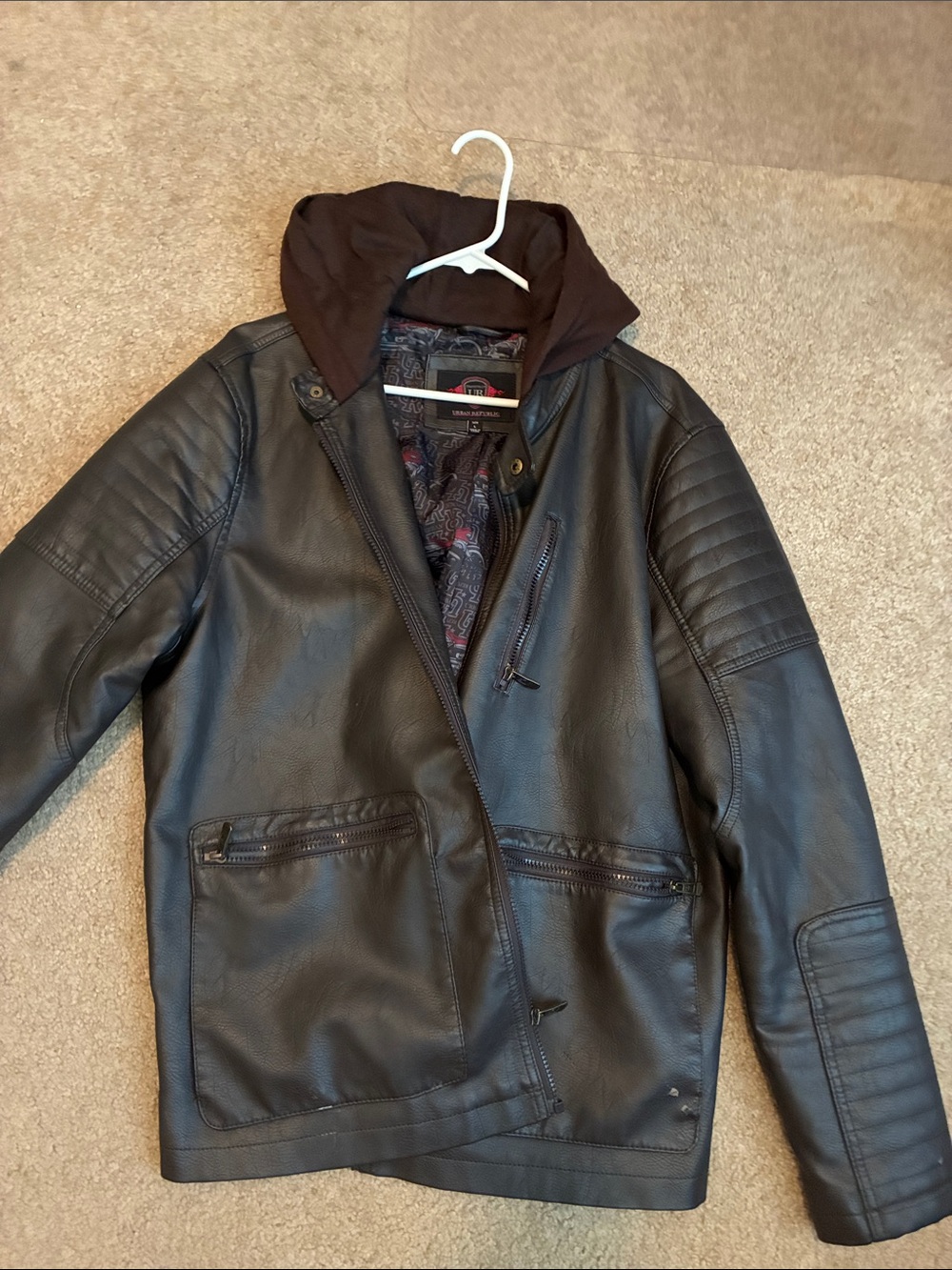 Urban Republic Black Faux Leather Bomber Jacket with Brown Hood